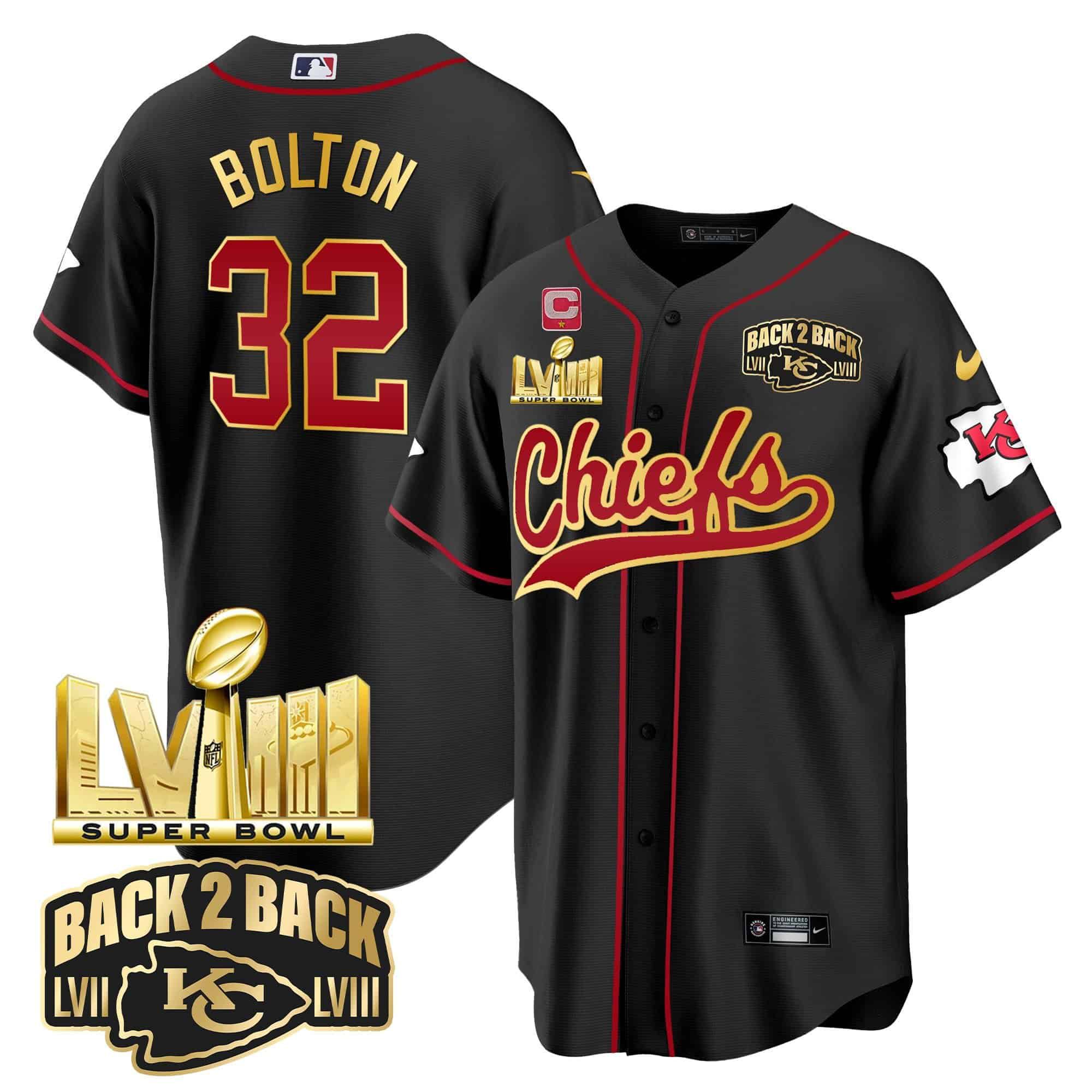 Men Kansas City Chiefs #32 Bolton Black 2024 Nike Super Bowl LVIII Back-2-Back Gold Patch Baseball NFL Jersey